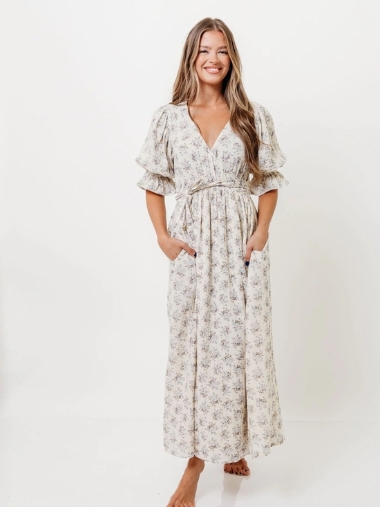 Worth Collective Dresses & Skirts - Floral V-Neck Maxi Dress with Puff Sleeves - Cream